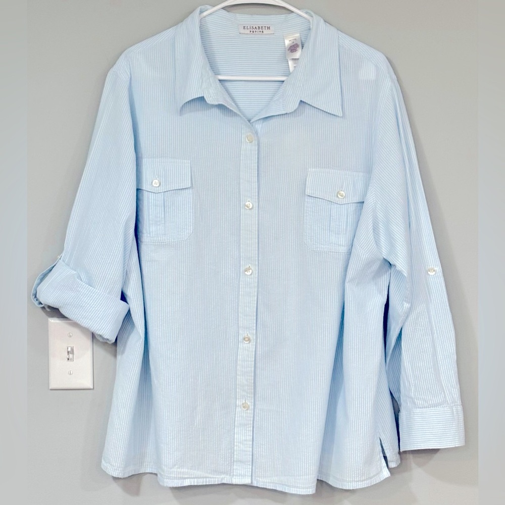 ELISABETH by LIZ CLAIBORNE Light Blue & White Striped Button Down Blouse Shirt